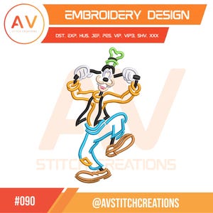 May include: An embroidery design featuring a cartoon character in a dancing pose. The character is depicted with a green hat, black and white gloves, and blue pants. The design includes the text "EMBROIDERY DESIGN" and the logo of "AV STITCH CREATIONS".