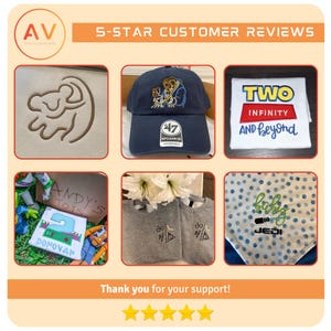 May include: A collage of custom-made items. Includes a tan embroidered Lion King design, a navy blue baseball cap with a cartoon design, a white shirt with "TWO INFINITY AND beyond" text, a shirt with "ANDY'S TOYS" and "DONOVAN" text, two gray sweatshirts with a graphic, and a blue polka dot bib with "baby JEDI" text.