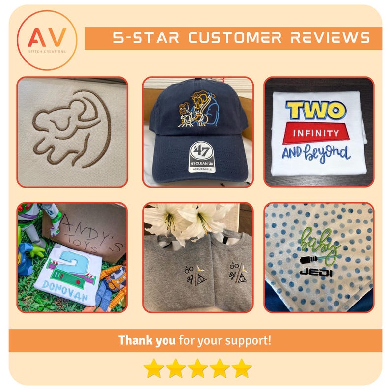 May include: A collage of custom-made items. Includes a tan embroidered Lion King design, a navy blue baseball cap with a cartoon design, a white shirt with "TWO INFINITY AND beyond" text, a shirt with "ANDY'S TOYS" and "DONOVAN" text, two gray sweatshirts with a graphic, and a blue polka dot bib with "baby JEDI" text.