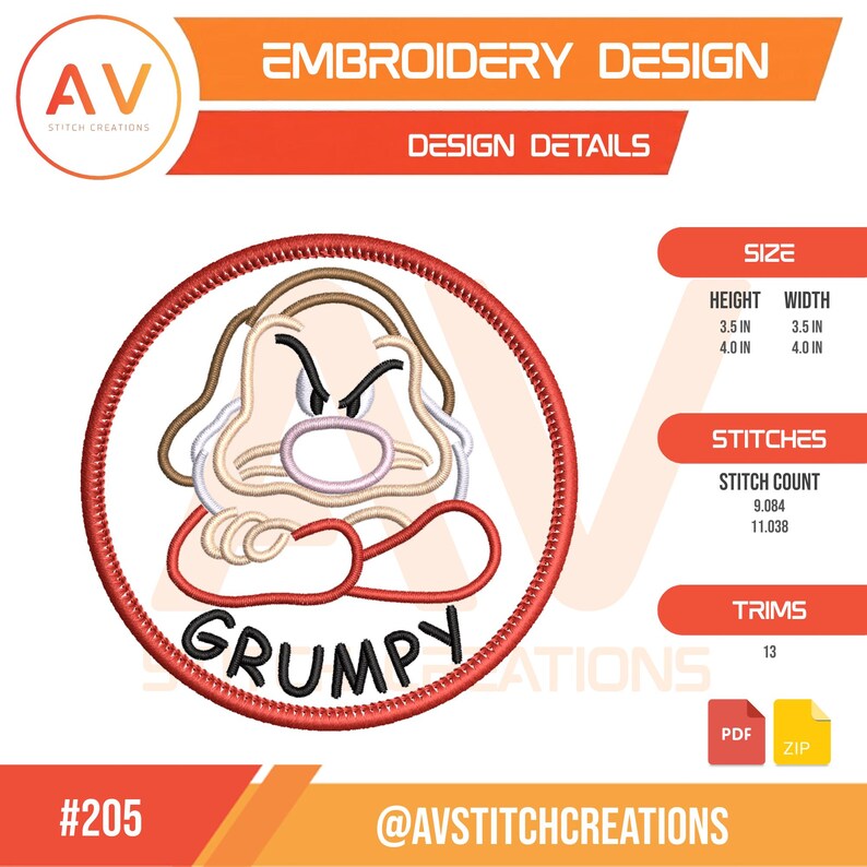 Puede incluir: Un dise&ntilde;o de bordado circular con un personaje de dibujos animados con expresi&oacute;n de enfado, brazos cruzados y la palabra GRUMPY en texto negro. El dise&ntilde;o incluye especificaciones de tama&ntilde;o de 8,89 cm y 10,16 cm, 9.084 y 11.038 puntadas y 13 cortes.