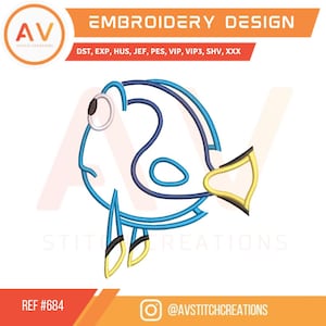 Dory Blue Tang. Embroidery Design. Machine Embroidery File (4x4, 5x7, 8x8 hoops)