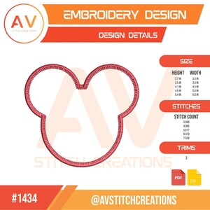 May include: An embroidery design featuring a red outline of a mouse-ear silhouette. The image includes text: EMBROIDERY DESIGN, DESIGN DETAILS, SIZE, HEIGHT, WIDTH, STITCHES, STITCH COUNT, TRIMS, #1434, and @AVSTITCHCREATIONS, with specific imperial measurements.