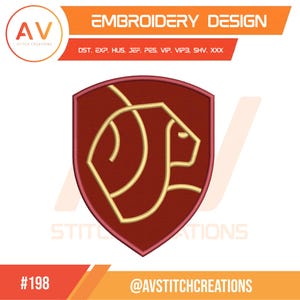 May include: A maroon shield-shaped embroidery design featuring a gold lion outline. The design is labeled "Embroidery Design" with the logo "AV Stitch Creations". The design includes the text "DST. EXP. HUS. JEF. PES. VIP. VIP3. SHV. XXX". The design also includes the text "#198" and "@AVSTITCHCREATIONS".