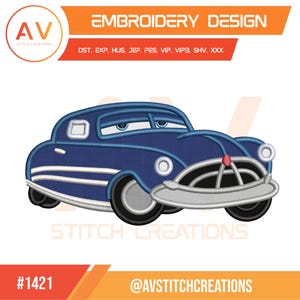 May include: An embroidery design of a dark blue vintage car with white side stripes, a large silver front bumper, and expressive eyes on the windshield. The text reads EMBROIDERY DESIGN, DST, EXP, HUS, JEF, PES, VIP, VIP3, SHV, XXX, #1421, and AV STITCH CREATIONS.