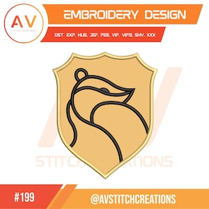 May include: A gold shield-shaped embroidery design featuring a black line drawing of a stylized bird. The design includes the text "EMBROIDERY DESIGN" and the logo of "AV STITCH CREATIONS". The design is labeled with the number "#199" and the social media handle "@AVSTITCHCREATIONS".