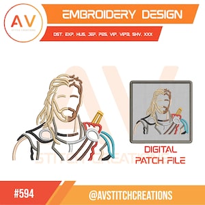 May include: An embroidery design file featuring a split-color illustration of a long-haired character with a beard, wearing armor with red and blue accents. The design includes the text EMBROIDERY DESIGN, file formats DST, EXP, HUS, JEF, PES, VIP, VIP3, SHV, XXX, and DIGITAL PATCH FILE.