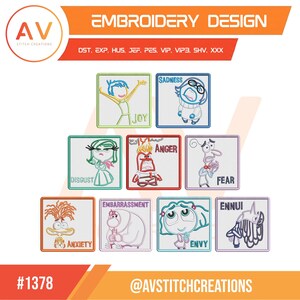 May include: An embroidery design set featuring nine square patches with cartoon characters representing emotions. Each square includes a character outline and a label: Joy, Sadness, Disgust, Anger, Fear, Anxiety, Embarrassment, Envy, and Ennui. The text AV Stitch Creations and file formats DST, EXP, HUS, JEF, PES, VIP, VIP3, SHV, XXX are visible.
