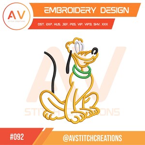 May include: An embroidery design of a cartoon dog in yellow, black, and green. The design includes the text "EMBROIDERY DESIGN" and the logo "AV STITCH CREATIONS". The design is labelled with the number "#092" and the social media handle "@AVSTITCHCREATIONS".
