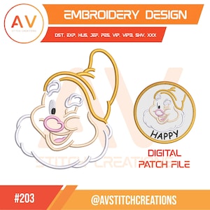May include: A digital embroidery design file featuring a cartoon character with a white beard, pink nose, and gold hat. The design includes a standalone outline version and a circular patch version with the text HAPPY. File formats include DST, EXP, HUS, JEF, PES, VIP, VIP3, SHV, XXX.