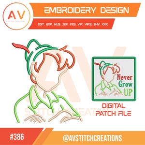 Pode incluir: Um design de bordado apresentando o contorno estilizado de um personagem usando um boné com uma pena, acompanhado por um design de patch quadrado contendo o mesmo personagem e o texto Never Grow Up em linha verde e vermelha no fundo branco.
