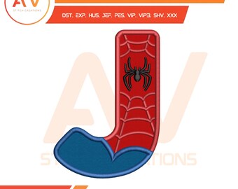 May include: An embroidery design featuring the letter "J" in red with a spiderweb pattern and a black spider. The bottom of the letter is blue. The design includes the text "EMBROIDERY DESIGN" and "AV STITCH CREATIONS".