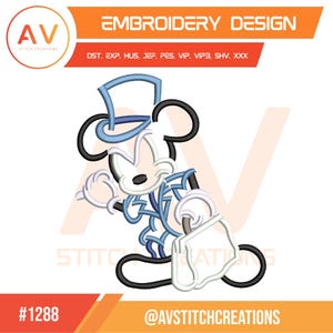 Pode incluir: Um design de bordado com um personagem de desenho animado com uma cartola, rosto branco e detalhes em azul e preto. O design inclui o texto "EMBROIDERY DESIGN" e "AV STITCH CREATIONS". O design é rotulado com o número "#1288".