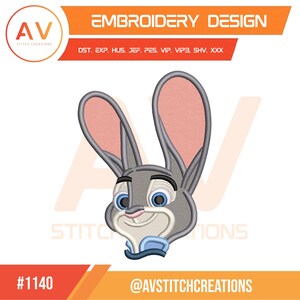 Op de afbeelding: Een borduurontwerp met een cartoon konijnengezicht met grote oren, blauwe ogen en een blauwe kraag. Het ontwerp is gelabeld met "Embroidery Design" met afkortingen van bestandsformaten. Het ontwerp bevat ook de tekst "AV Stitch Creations" en het nummer "#1140".