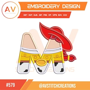 May include: Embroidery design featuring the letter "M" in a cartoon style, with a red hat and yellow outfit. The design includes the text "EMBROIDERY DESIGN" and the logo "AV STITCH CREATIONS".