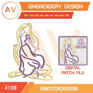 Pode incluir: Um arquivo de design de bordado com um personagem estilizado de cabelos longos amarelos vestindo um vestido roxo e branco. Uma versão de patch quadrado inclui o texto LIVE YOUR DREAM. A imagem lista os formatos DST, EXP, HUS, JEF, PES, VIP, VIP3, SHV, XXX.