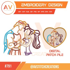 May include: An embroidery design digital patch file featuring a stylized outline of a couple holding hands. The male figure wears a blue cape and orange tunic, while the female figure has long dark hair. Includes a heart-shaped version and text.