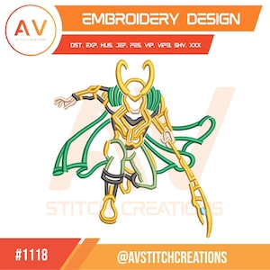 May include: Embroidery design featuring a stylized character in gold, green, and black. The design includes the text "EMBROIDERY DESIGN" and "AV STITCH CREATIONS". The design is labeled with the number "#1118" and the social media handle "@AVSTITCHCREATIONS".