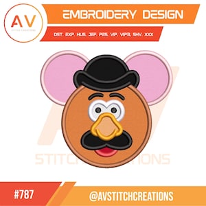 May include: An embroidery design featuring a cartoon character's face with a black hat, mustache, and a yellow beak. The design includes the text "EMBROIDERY DESIGN" and the logo of "AV STITCH CREATIONS". The design is labeled with the number "#787".