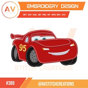 May include: Red cartoon car with the number 95 in yellow. The car has large black tires, blue eyes, and a smiling mouth. The image includes the text "EMBROIDERY DESIGN" and "AV STITCH CREATIONS".
