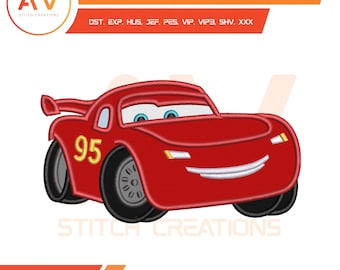 Lightning Red Car Speed Race Track Champion  Applique Machine Embroidery Design, PES JEF DST 5x7 8x8 Hoop Sizes