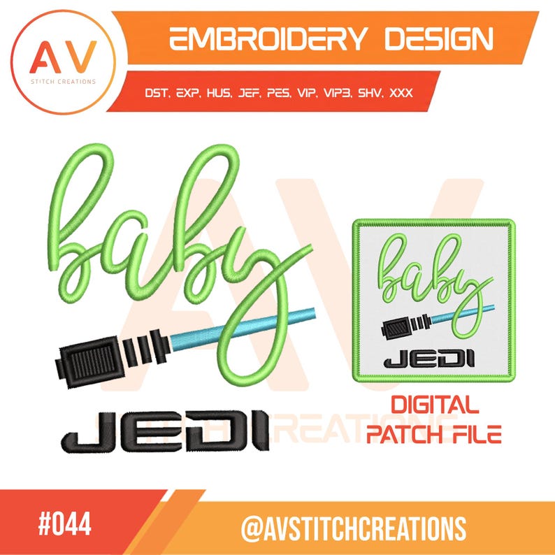 K&ouml;nnte beinhalten: Stickdesign mit dem Wort "baby" in gr&uuml;ner Schrift, einem blauen Lichtschwert und dem Wort "JEDI" in Schwarz. Enth&auml;lt ein quadratisches Patch-Design mit denselben Elementen. Das Design ist eine digitale Patch-Datei.