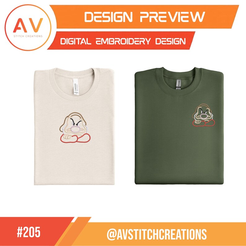 Puede incluir: Una camiseta beige y una sudadera verde oliva, cada una con un dise&ntilde;o bordado de un personaje de dibujos animados gru&ntilde;&oacute;n con una nariz grande y brazos cruzados. Aparece el texto DESIGN PREVIEW DIGITAL EMBROIDERY DESIGN y #205 @AVSTITCHCREATIONS.