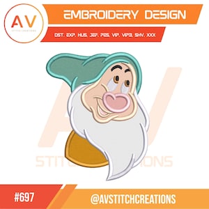May include: An embroidery design of a cartoon character with a white beard, a pink nose, and a green hat. The design is labelled "EMBROIDERY DESIGN" and includes the text "AV STITCH CREATIONS". The design is labelled with the number "#697".