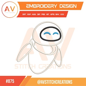 May include: White embroidery design of a robot with a black oval face and blue eyes. The design includes the text "EMBROIDERY DESIGN" and "AV STITCH CREATIONS". The design also includes the text "DST. EXP. HUS. JEF. PES. VIP. VIP3. SHV. XXX".