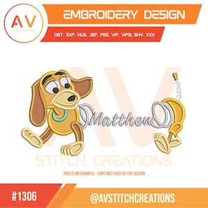 May include: An embroidery design featuring a cartoon dog with a tan body, long ears, and a spring-like torso. The name Matthew is written in cursive script between the front and back sections of the dog. The text includes EMBROIDERY DESIGN, file formats DST, EXP, HUS, JEF, PES, VIP, VIP3, SHV, XXX, and STITCH CREATIONS.