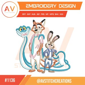 May include: Embroidery design with cartoon characters: a fox, a rabbit, and a snake. The fox wears a pink shirt and blue tie, the rabbit a blue jacket. The snake is light blue. The design includes the text "EMBROIDERY DESIGN" and "AV STITCH CREATIONS".