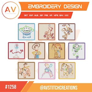 Puede incluir: Una colección de diseños de bordado digital con diez parches cuadrados que muestran contornos de personajes animados, incluyendo un alienígena, un vaquero, un guardián espacial, un tenedor, una vaquera y un perro. Incluye texto EMBROIDERY DESIGN.