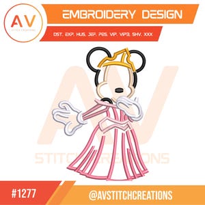 Op de afbeelding: Een borduurontwerp met Minnie Mouse in een roze jurk en een gouden kroon. Het ontwerp bevat de tekst "EMBROIDERY DESIGN" en "AV STITCH CREATIONS". Het ontwerp is gelabeld met het nummer "#1277" en de social media handle "@AVSTITCHCREATIONS".