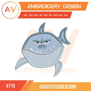 May include: An embroidery design featuring a cartoon shark with a stern expression. The shark is light blue with white teeth and fins. The design includes the text "EMBROIDERY DESIGN" and "AV STITCH CREATIONS". The design is labeled with the number "#715".
