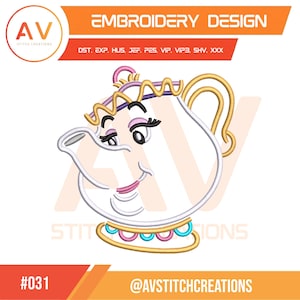 Teiera incantata, signora, fiori viola, mamma, tazza da tè, disegno per ricamo a macchina, PES JEF DST 4x4 5x7 8x8