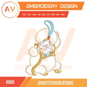 May include: An embroidery design featuring a cartoon genie in cream, gold, and blue. The genie has a white beard and a blue turban. The design includes the text "EMBROIDERY DESIGN" and "AV STITCH CREATIONS". The design is labeled with the number "#869".