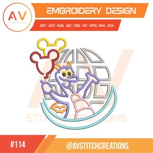 May include: An embroidery design featuring a purple dragon-like character holding a red Mickey Mouse balloon, with a yellow Mickey Mouse balloon above. The design includes a globe and the text "EMBROIDERY DESIGN". The design is labeled with the number "#114".