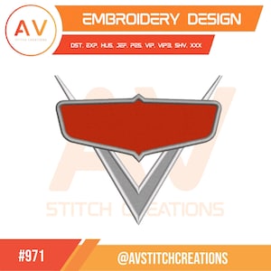 May include: An embroidery design featuring a red and silver emblem, with the text "EMBROIDERY DESIGN" at the top. The design includes the text "AV STITCH CREATIONS" and the number "971".
