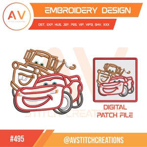 May include: An embroidery design digital patch file featuring a brown tow truck and a red race car. The text reads EMBROIDERY DESIGN, DST, EXP, HUS, JEF, PES, VIP, VIP3, SHV, XXX, DIGITAL PATCH FILE, #495, and AV STITCH CREATIONS.