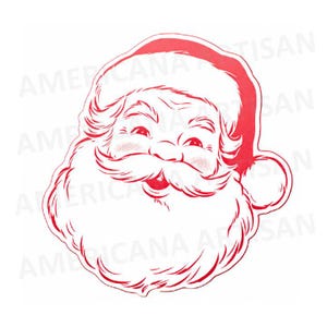 Puede incluir: Ilustración roja y blanca de la cara de Papá Noel. La imagen presenta a un Papá Noel sonriente con una barba blanca completa, bigote y un gorro rojo. El diseño es de estilo vintage, ideal para decoraciones navideñas.