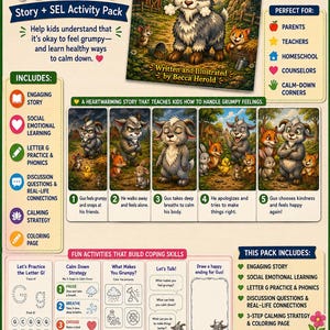 May include: A digital activity pack titled Gus the Grumpy Goat, featuring 25 printable pages for ages 3-7. The layout includes a storybook cover, five illustrated panels showing emotional progression, and sections for letter G practice, coping skills, and discussion questions.