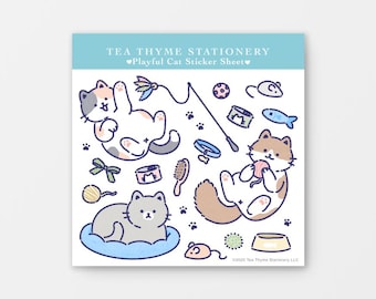 Playful Cat Mini Sticker Sheet 3.75" x 3.75" Waterproof Vinyl Stickers, Cute Animal Sticker, Stickers for Journal