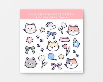 Cat Deco Mini Sticker Sheet 3.75" x 3.75" Waterproof Vinyl Stickers, Cute Animal Sticker, Stickers for Journal