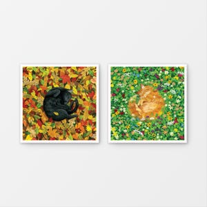 May include: Two illustrations of cats sleeping in different settings. The first image shows a black cat curled up in a pile of colorful autumn leaves. The second image shows an orange cat sleeping in a field of green and yellow flowers.