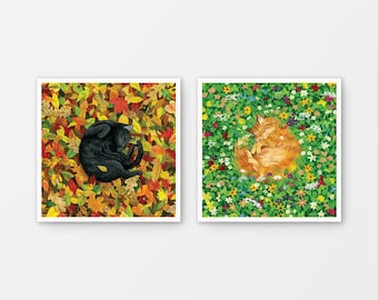 Set of 2 Flower Cat Nap and Fall Cat Nap Gouache Art Print 8.5&quot; x 8.5&quot;