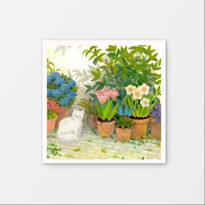 Cat in the Garden Gouache Art Mini Print 8.5&quot; x 8.5&quot; Cottagecore paintings, Wall art decor, Whimsical art, Cat Painting