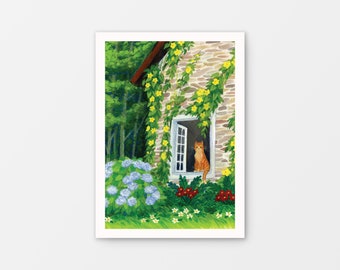 Cat in the Window Gouache Art Mini Print 5&quot; x 7&quot;, 8.5&quot; x 11&quot; Cottagecore painting, Wall art decor, Whimsical art, Cat painting