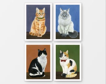 Set of 4 Cat Gouache Mini Prints 5" x 7" Cat portrait paintings, Wall art decor, Whimsical art