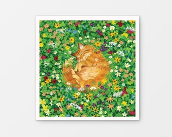 Flower Cat Nap Gouache Art Mini Print 8.5&quot; x 8.5&quot;, Cat painting, Wall art decor, Whimsical art, Yellow cat portrait