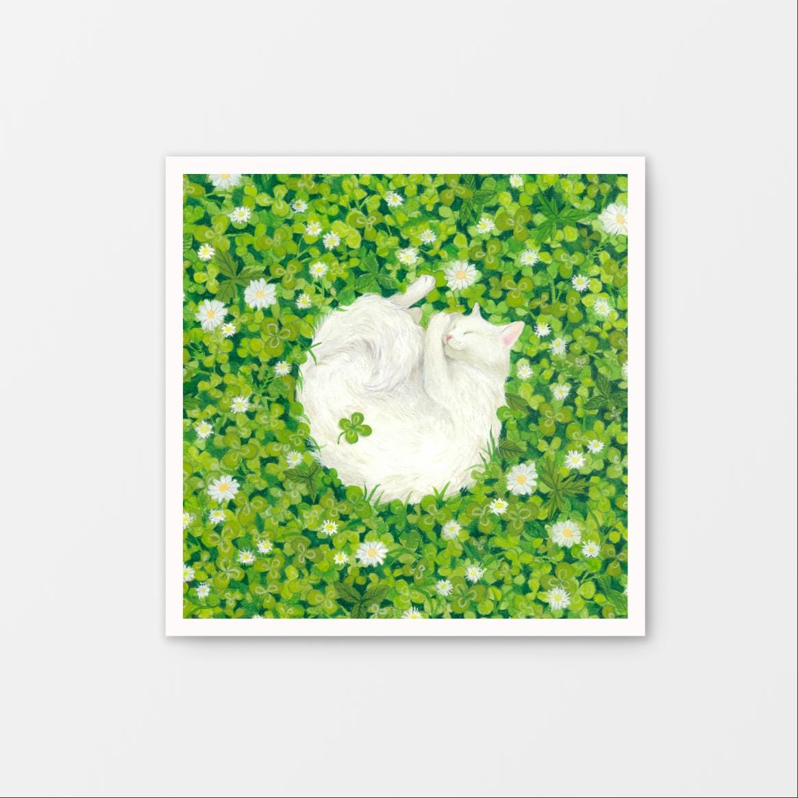 Clover Cat Nap Gouache Art Mini Print 8.5" x 8.5" Cat painting, Wall art decor, Whimsical art, Cat portrait