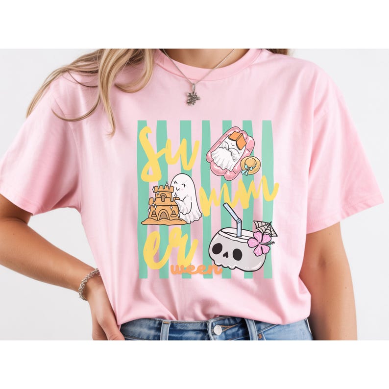 Cute Summerween ghost shirt design with striped background, ghost building sandcastle, ghost on float, skull coconut drink and tropical spooky summer aesthetic